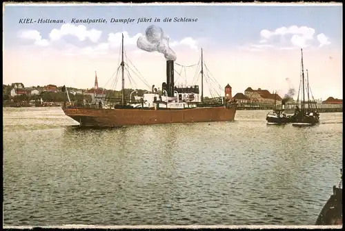 Ansichtskarte Holtenau-Kiel Holtenå Kanalpartie Schiffe Dampfer Steamer 1917