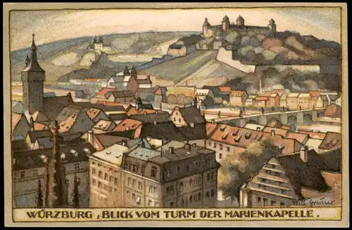 Würzburg Blick vom Turm Orig.-Steinzeichnungen v. Wilh. Greiner 1922