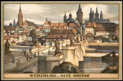 Würzburg Alte Brücke Orig.-Steinzeichnungen v. Wilh. Greiner 1922