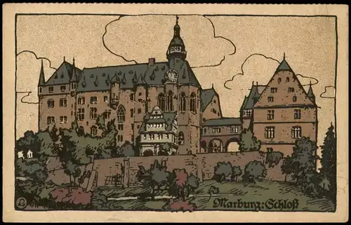 Ansichtskarte Marburg an der Lahn Schloss - Steindruck-Künstlerkarte 1922