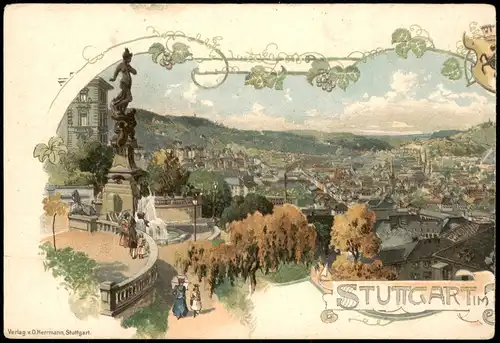 Stuttgart Künstler Litho AK von den Terrassen auf die Stadt Weinlaub 1907