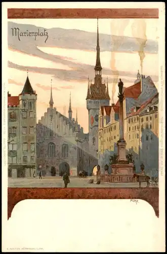 Ansichtskarte München Marienplatz Künstlerkarte Kley 1908