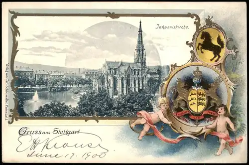 Stuttgart Johanneskirche/Johanniskirche Motiv: Engel Angel 1908 Prägekarte
