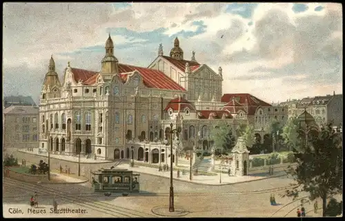 Ansichtskarte Köln Neues Stadttheater, Straßenbahn - Künstlerkarte 1913