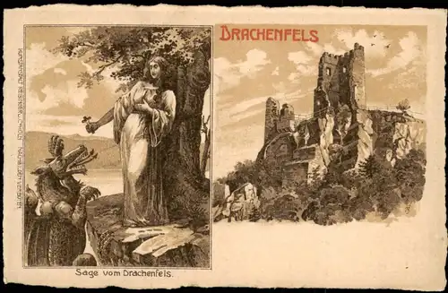 Ansichtskarte Königswinter Drachenfels und Sage 2 Bild Steindruck 1922
