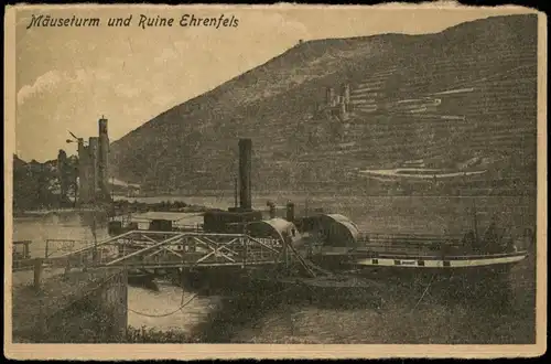 Bingen am Rhein Mäuseturm Schiffe Schaufelraddampfer Steamer 1922