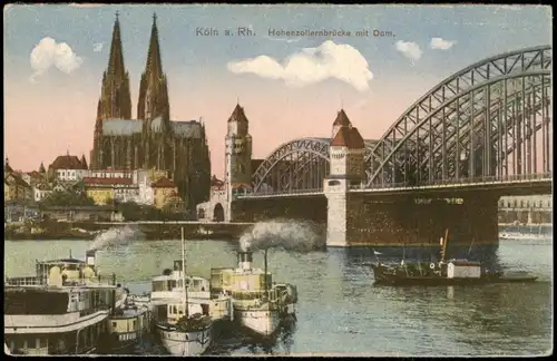 Ansichtskarte Köln Hohenzollernbrücke mit Dom. Dampfer Steamer 1923