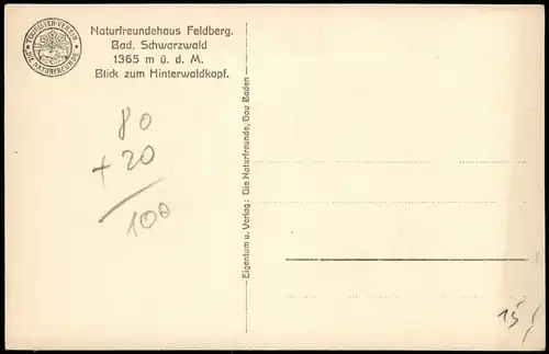 Feldberg (Schwarzwald) Naturfreundehaus Feldberg im Bad. Schwarzwald 1920