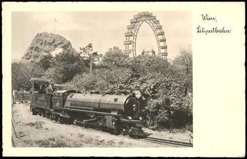 Ansichtskarte Prater-Wien Riesenrad im Hintergrund, Liliputbahn 1930