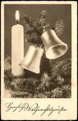 Weihnachten Christmas Grusskarte mit Tannenzweig, Kerze, Glocken 1940