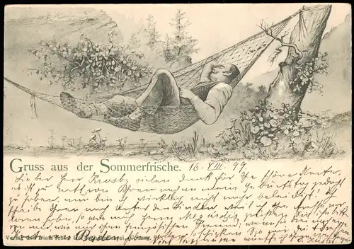 Ansichtskarte  Mann in der Hängematte SOMMERFRISCHE 1899