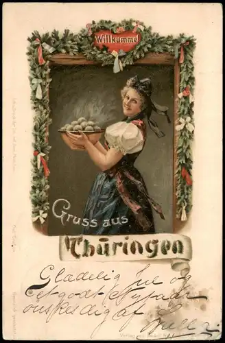 Thüringen Typen Ansichtskarte Frau mit Klößen 1898  gel nach Kristiana
