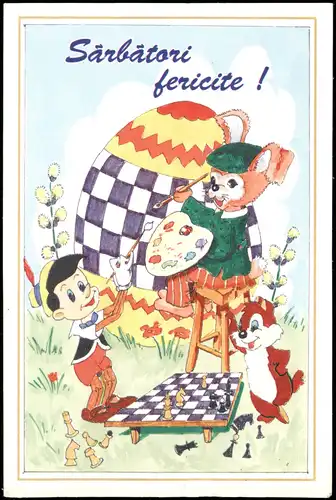 Ansichtskarte  Schach Chess - Spiel - Ostern Hase Fuchs Künstlerkarte 2004