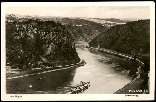 Sankt Goar Rheintal an der Loreley Rhein Dampfer Schiff am Felsen 1950