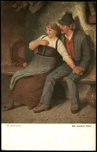 Künstlerkarte "Am warmen Ofen" nach Gemälde M. Wachsmuth 1910