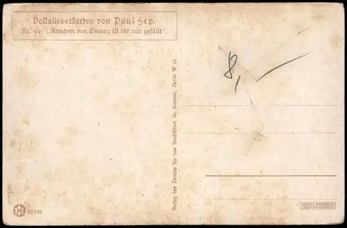 Künstlerkarte "Aennchen Tharau ist di gefällt" Volksliederkarte Paul Hey 1910