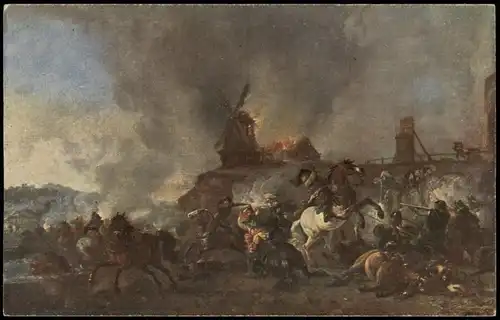 P. Wouwverman, Reitergefecht vor  brennenden Windmühle Künstlerkarte: Gemälde