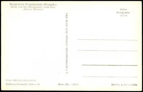 Frauenstein (Erzgebirge) Burgruine Blick von Ringmauer nach dem Dicken Märten 1959