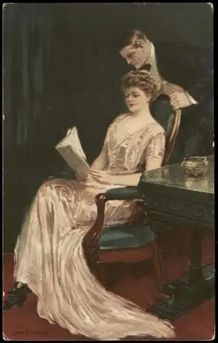 Signierte Künstlerkarte Gemälde Kunstwerk (Art) Paar beim Lesen 1910
