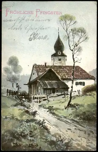 Ansichtskarte  Glückwunsch: Pfingsten an der Kirche - Künstlerkarte 1914