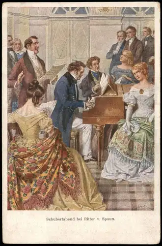 Künstlerkarte Gemälde (Art) Schubertabend bei Ritter v. Spaun 1910
