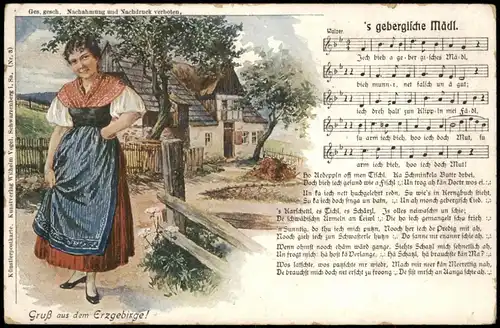Ansichtskarte  Liedkarte " 's gebergische Mädl" 1912