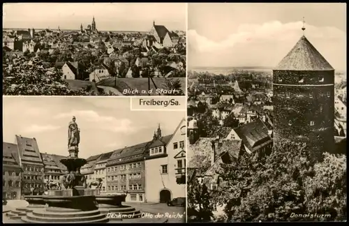 Freiberg Sachsen DDR Mehrbild-AK Panorama, Denkmal Otto Reiche, Donatsturm 1964
