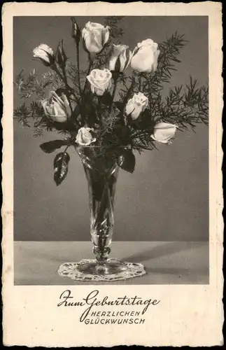 Ansichtskarte  Glückwunsch Geburtstag Birthday Rosen in Kristallvase 1955