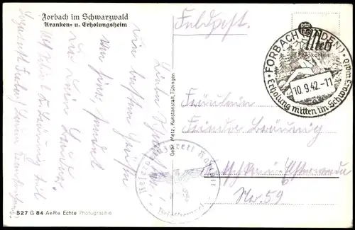 Ansichtskarte Forbach (Baden) Krankenhaus 1942  gel. Feldpost WK2