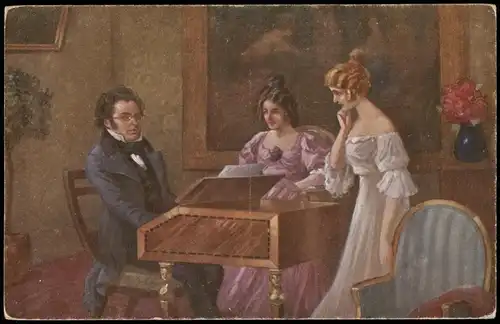 Künstlerkarte: Gemälde / Kunstwerke R. Kratky. Schubert am Klavier. 1916
