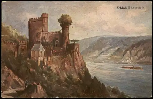 Bingen am Rhein Burg / Schloss Rheinstein - Künstlerkarte 1949/1913