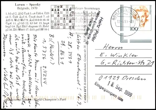 Ansichtskarte  Schach Chess - Spiel Larsen - Spassky Belgrade, 1970 1999