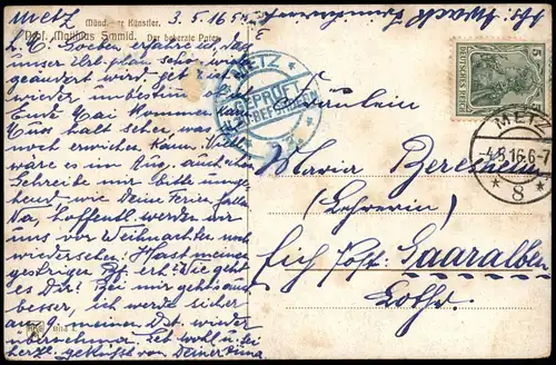 Künstlerkarte Der beherzte Pate 1916  gel. Feldpoststempel Metz Geprüft