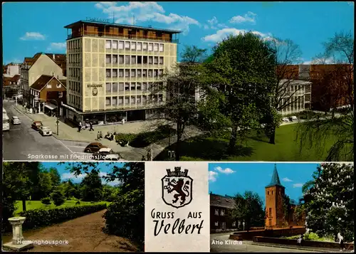 Ansichtskarte Velbert Sparkasse u. Friedrichstraße, Alte Kirche 1975