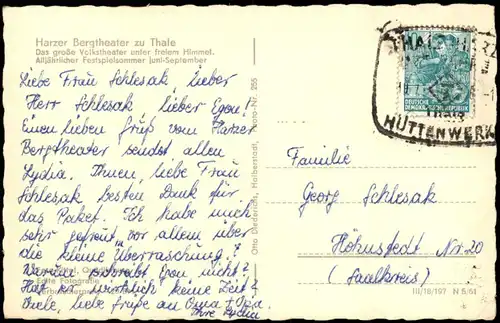 Ansichtskarte Thale Harz Bergtheater 1961  gel. Sonderstempel Hüttenwerk Thale