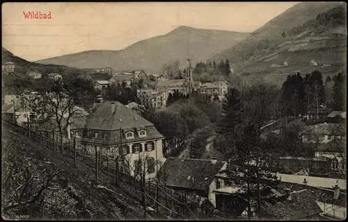 Ansichtskarte Bad Wildbad Stadtpartie 1909  gel. Rollstempel Stuttgart P.A.Nr. 1
