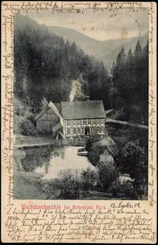 Ansichtskarte Hohegeiß-Braunlage Wolfsbachmühle 1902 Ankunftsstempel Seelze
