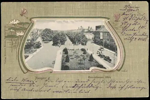Ansichtskarte Hannover Herrenhäuser-Allee - Jugenstil Goldrahmen AKK 1902
