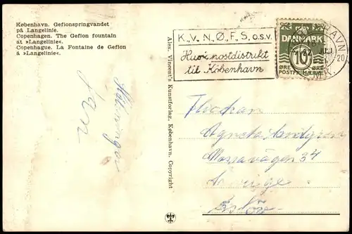 Postcard Kopenhagen København Gefionspringvandet på Langelinie. 1951