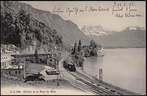 Ansichtskarte Chillon Chillon et la Dent du Midi Dampflokomotive Bahnhof 1912