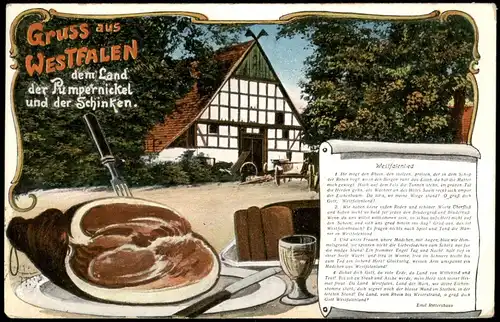 Ansichtskarte  Westfalenlied, Fachwerkhaus, Schinken 1912  gel. Stempel Münster