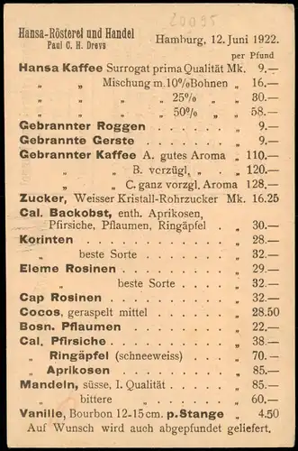 Ansichtskarte Hamburg Werbung Hansa-Rösterei und Handel 1922  gel. Portostempel