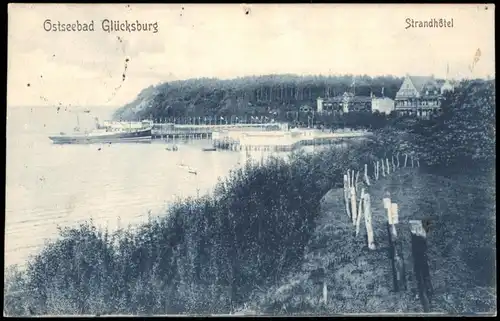 Glücksburg (Ostsee) Lyksborg Strandhotel, Dampfer - Blaudruck 1907