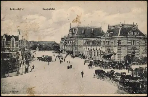 Ansichtskarte Düsseldorf Hauptbahnhof, Straße, Kutschen 1913