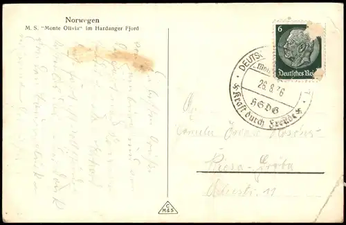 Postcard Hardanger Schiffe Dampfer Steamer Monte Olivia 1936  gel. Bordstempel