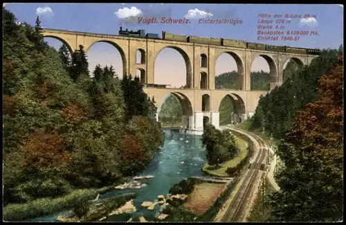 Ansichtskarte Jocketa-Pöhl Elstertalbrücke, Dampflok 1914