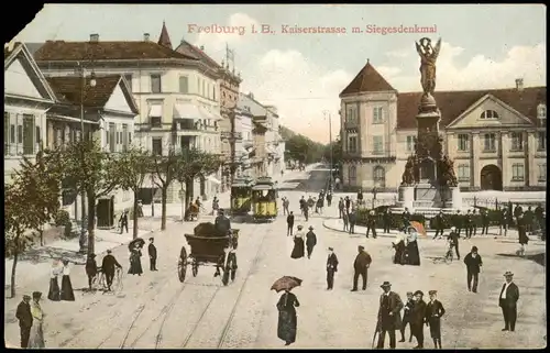 Freiburg im Breisgau Kaiserstraße, Siegesdenkmal 1909 gel. Ankunftsstempel Thun