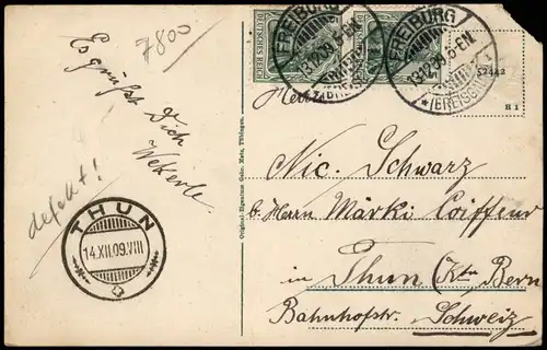 Freiburg im Breisgau Kaiserstraße, Siegesdenkmal 1909 gel. Ankunftsstempel Thun