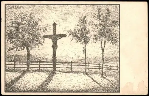 Langewiese-Osek Dlouhá Louka Ossegg Künstlerkarten´Kreuz am Wegesrand 1933