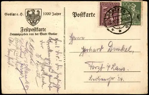 Ansichtskarte Goslar Künstlerkarte 1000 Jahre 1922  gel. Mischfrankatur